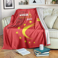 Red China 2024 throw blanket with dragon emblem, CHINA text, stars and yellow arc
