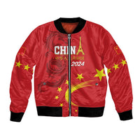 Red bomber jacket with black ribbed collar, front zipper, dragon and China 2024 graphic
