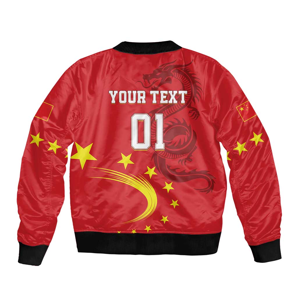 Red bomber jacket with black ribbed hem and sleeves, dragon stars back print, 01