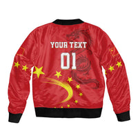 Red bomber jacket with black ribbed hem and sleeves, dragon stars back print, 01