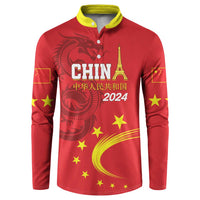 Red button sweatshirt with yellow collar, CHINA 2024 dragon and stars graphic