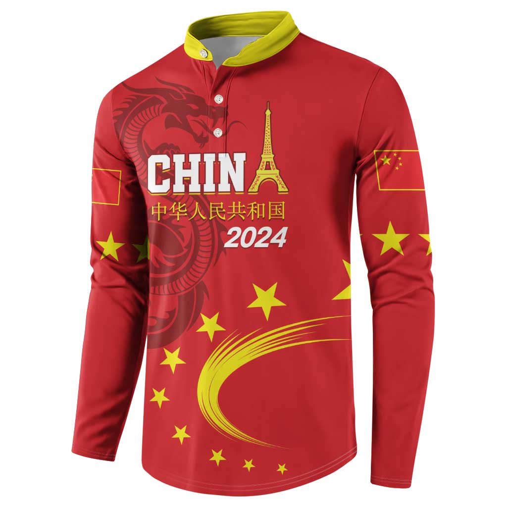 Red button sweatshirt with yellow collar, CHINA 2024 logo, dragon and star print