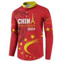Red button sweatshirt with yellow collar, CHINA 2024 logo, dragon and star print