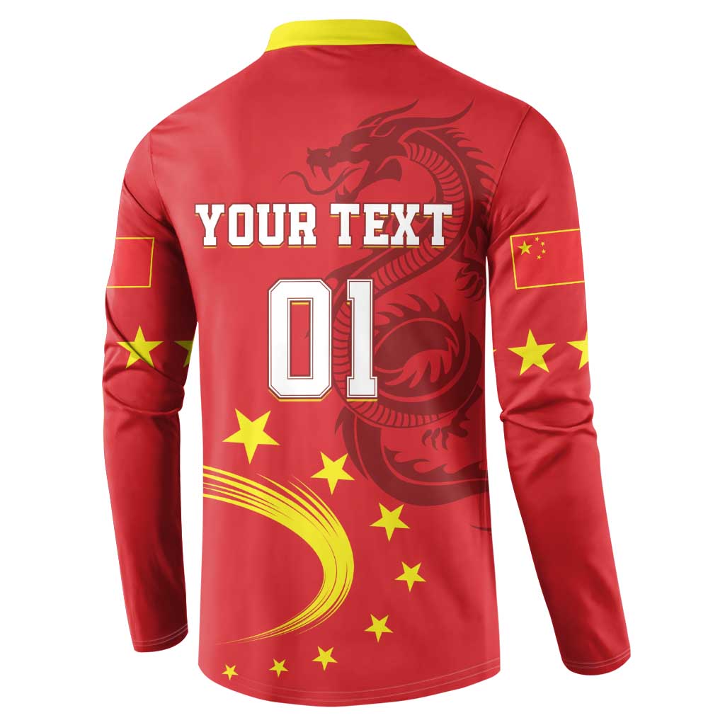 Red button sweatshirt with yellow collar, back YOUR TEXT 01 dragon and star print