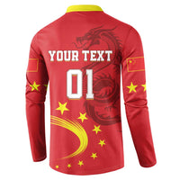 Red button sweatshirt with yellow collar, back YOUR TEXT 01 dragon and star print