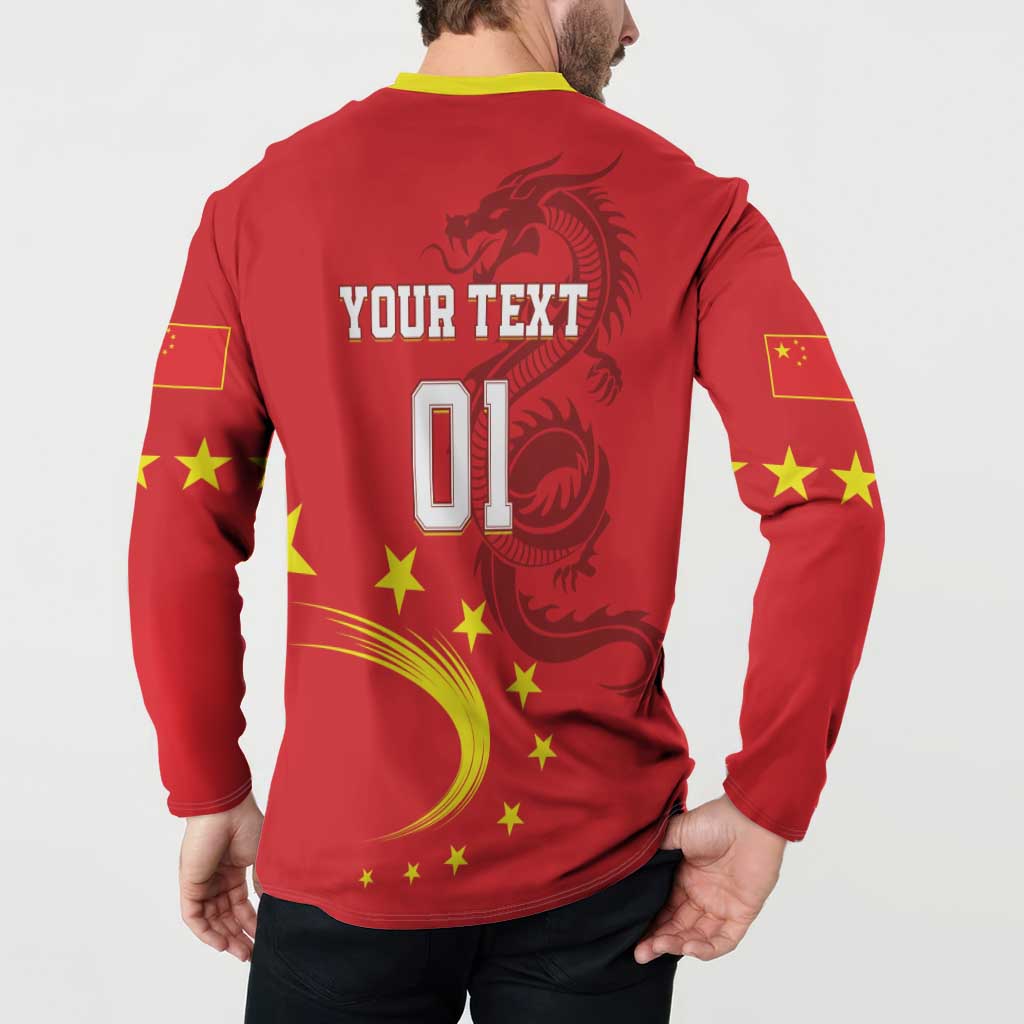 Red button sweatshirt on model, yellow collar, back YOUR TEXT 01 dragon and stars