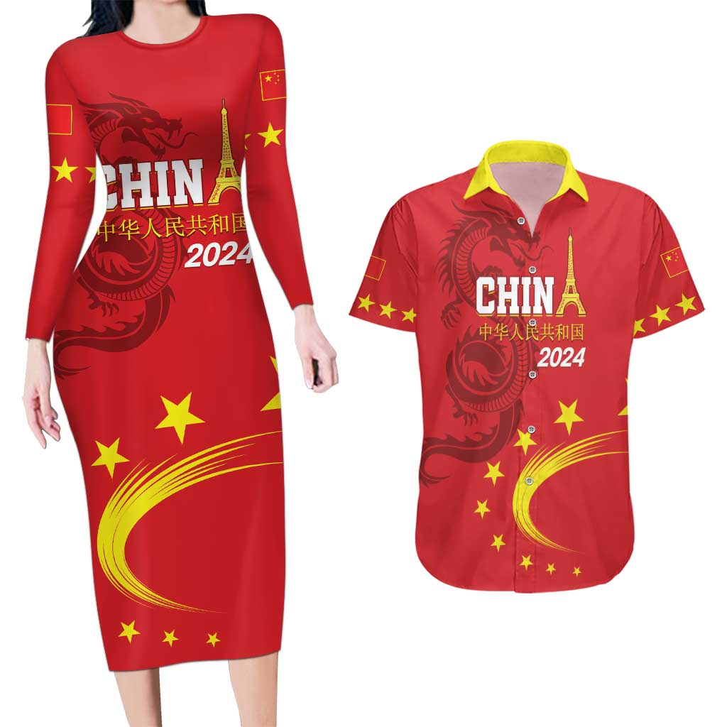 Custom China 2024 Couples Matching Long Sleeve Bodycon Dress and Hawaiian Shirt Chinese Dragon Yellow Star - Wonder Print Shop