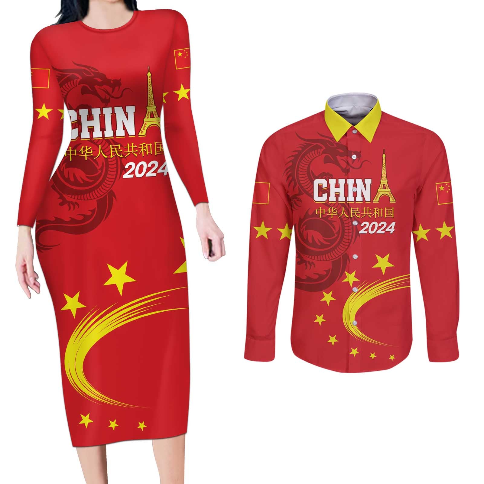 Custom China 2024 Couples Matching Long Sleeve Bodycon Dress and Long Sleeve Button Shirt Chinese Dragon Yellow Star - Wonder Print Shop