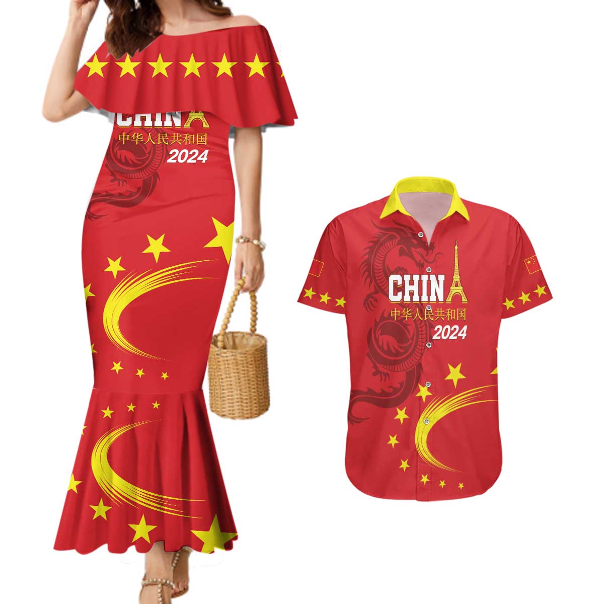 Custom China 2024 Couples Matching Mermaid Dress and Hawaiian Shirt Chinese Dragon Yellow Star - Wonder Print Shop