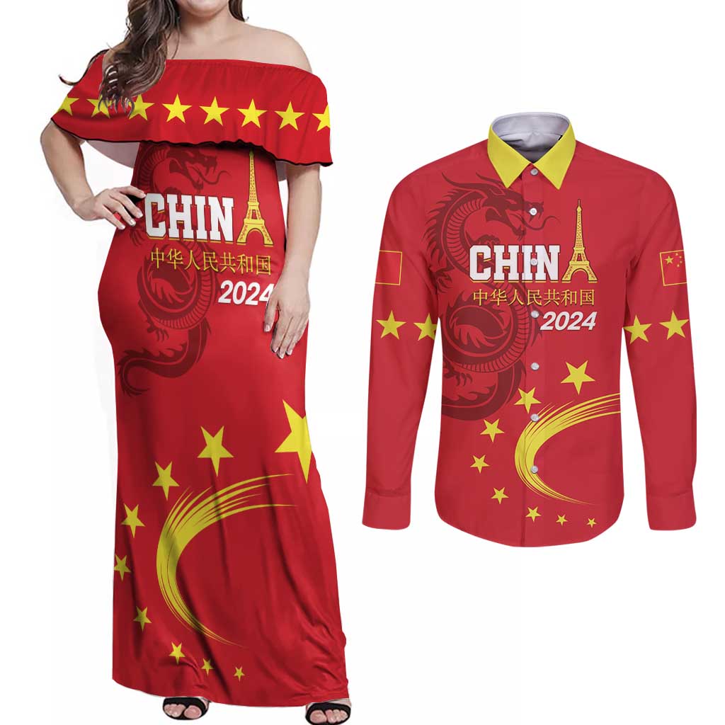 Custom China 2024 Couples Matching Off Shoulder Maxi Dress and Long Sleeve Button Shirt Chinese Dragon Yellow Star - Wonder Print Shop