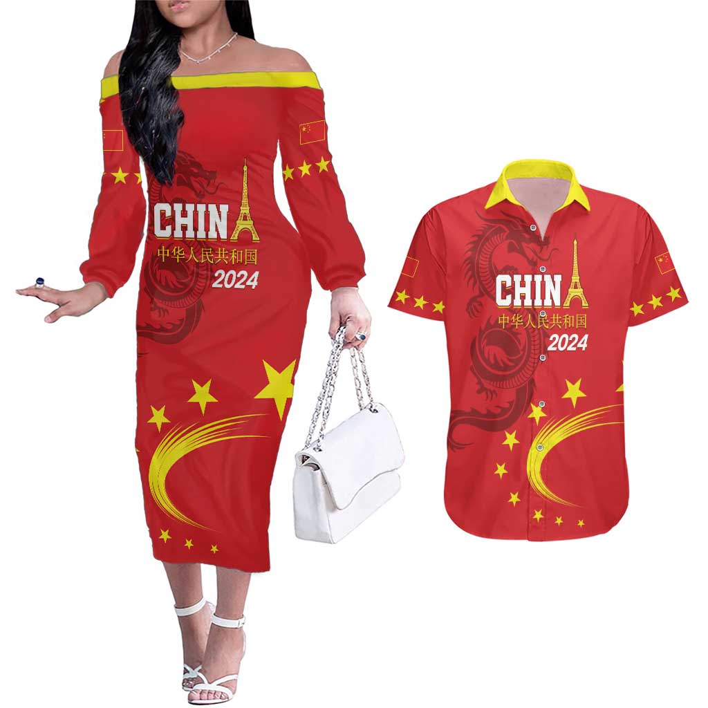 Custom China 2024 Couples Matching Off The Shoulder Long Sleeve Dress and Hawaiian Shirt Chinese Dragon Yellow Star - Wonder Print Shop