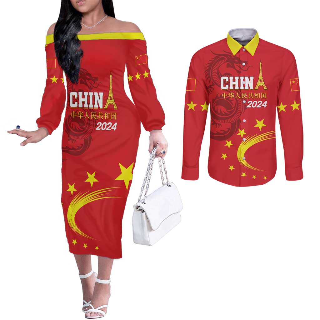 Custom China 2024 Couples Matching Off The Shoulder Long Sleeve Dress and Long Sleeve Button Shirt Chinese Dragon Yellow Star