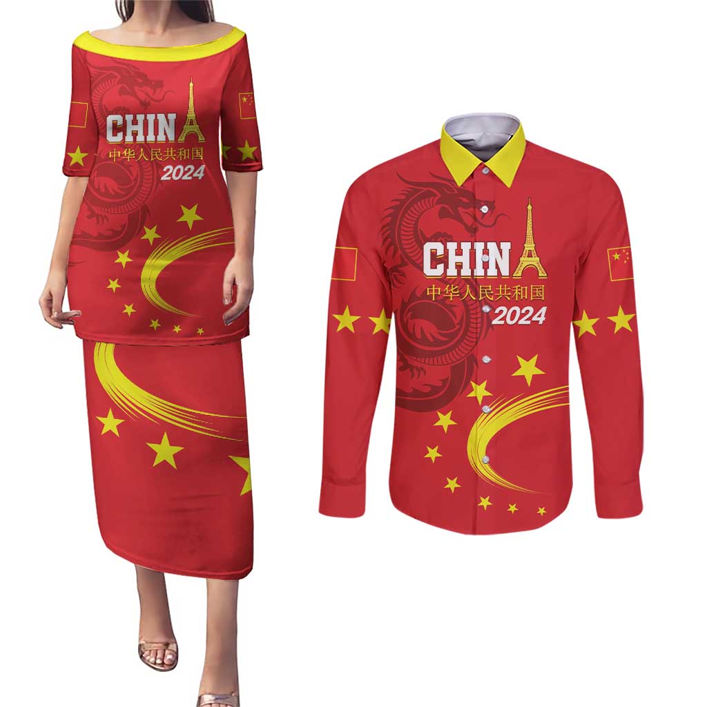 Custom China 2024 Couples Matching Puletasi and Long Sleeve Button Shirt Chinese Dragon Yellow Star - Wonder Print Shop