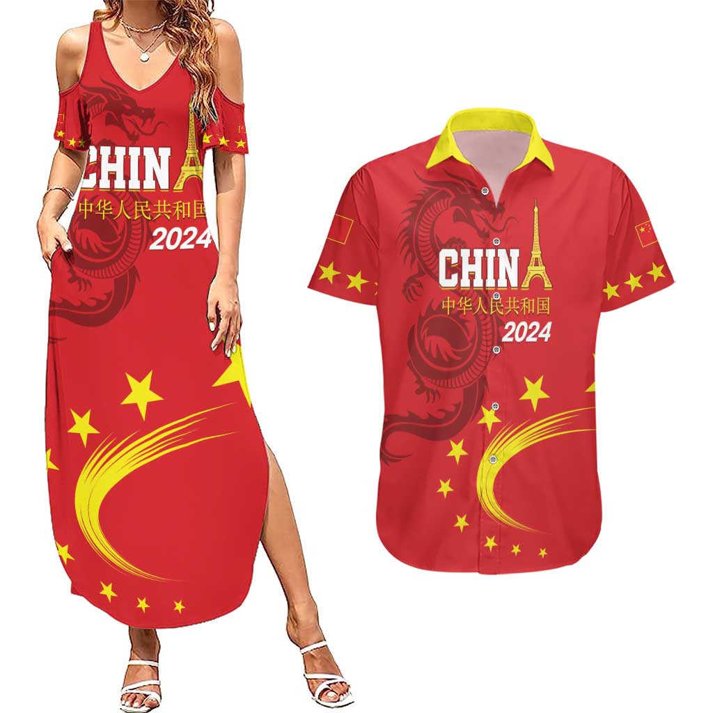 Custom China 2024 Couples Matching Summer Maxi Dress and Hawaiian Shirt Chinese Dragon Yellow Star - Wonder Print Shop