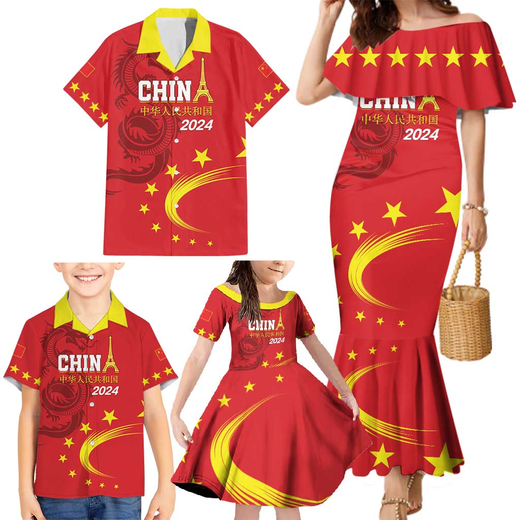 Custom China 2024 Family Matching Mermaid Dress and Hawaiian Shirt Chinese Dragon Yellow Star - Wonder Print Shop