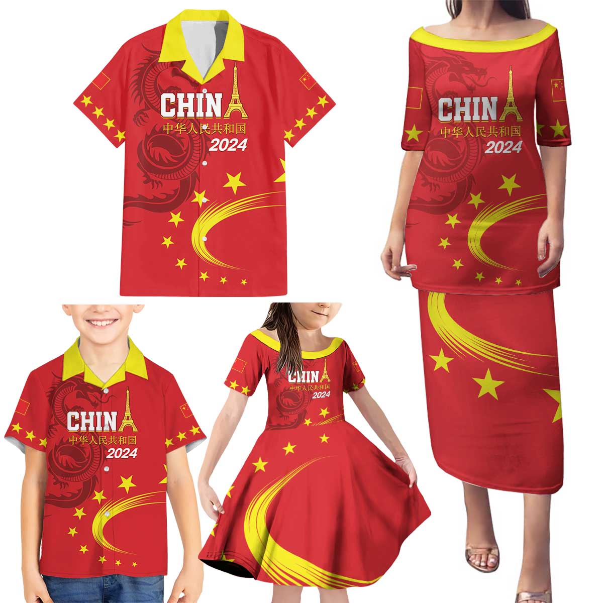 Custom China 2024 Family Matching Puletasi and Hawaiian Shirt Chinese Dragon Yellow Star - Wonder Print Shop