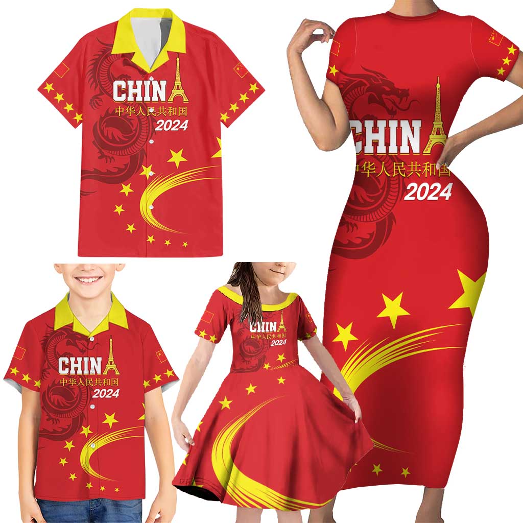 Custom China 2024 Family Matching Short Sleeve Bodycon Dress and Hawaiian Shirt Chinese Dragon Yellow Star - Wonder Print Shop