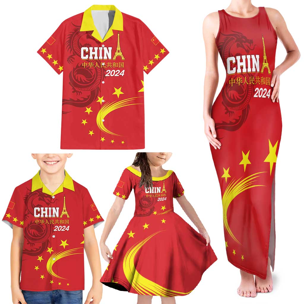 Custom China 2024 Family Matching Tank Maxi Dress and Hawaiian Shirt Chinese Dragon Yellow Star - Wonder Print Shop