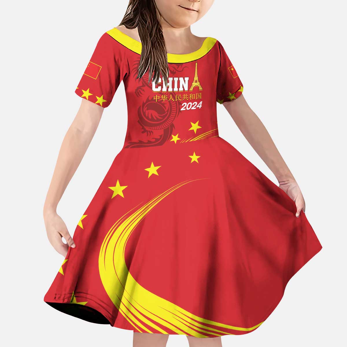 Custom China 2024 Kid Short Sleeve Dress Chinese Dragon Yellow Star - Wonder Print Shop