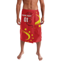 Red dragon swim sarong with yellow stars, drawstring waist, knee length