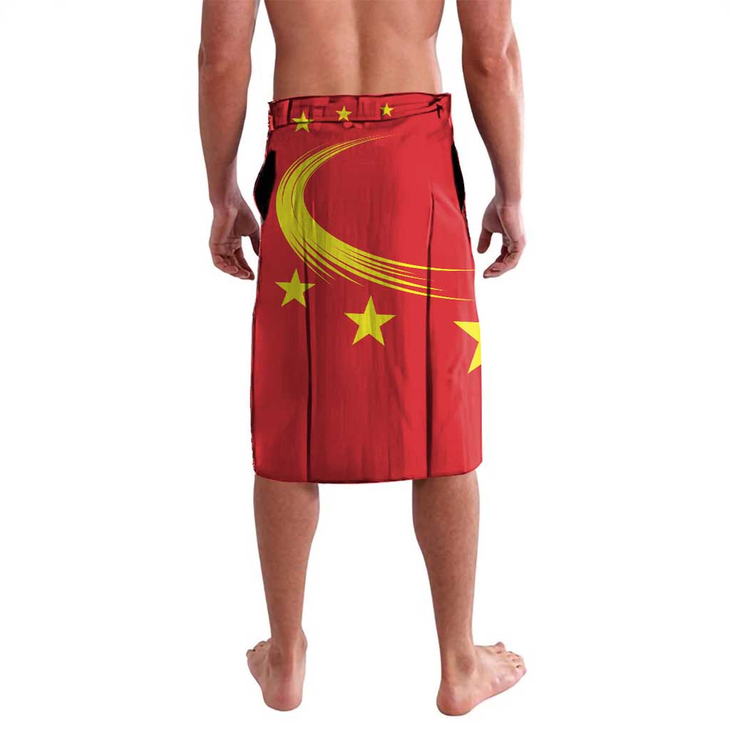 Red dragon swim sarong with yellow stars and stripes, drawstring waist, knee length