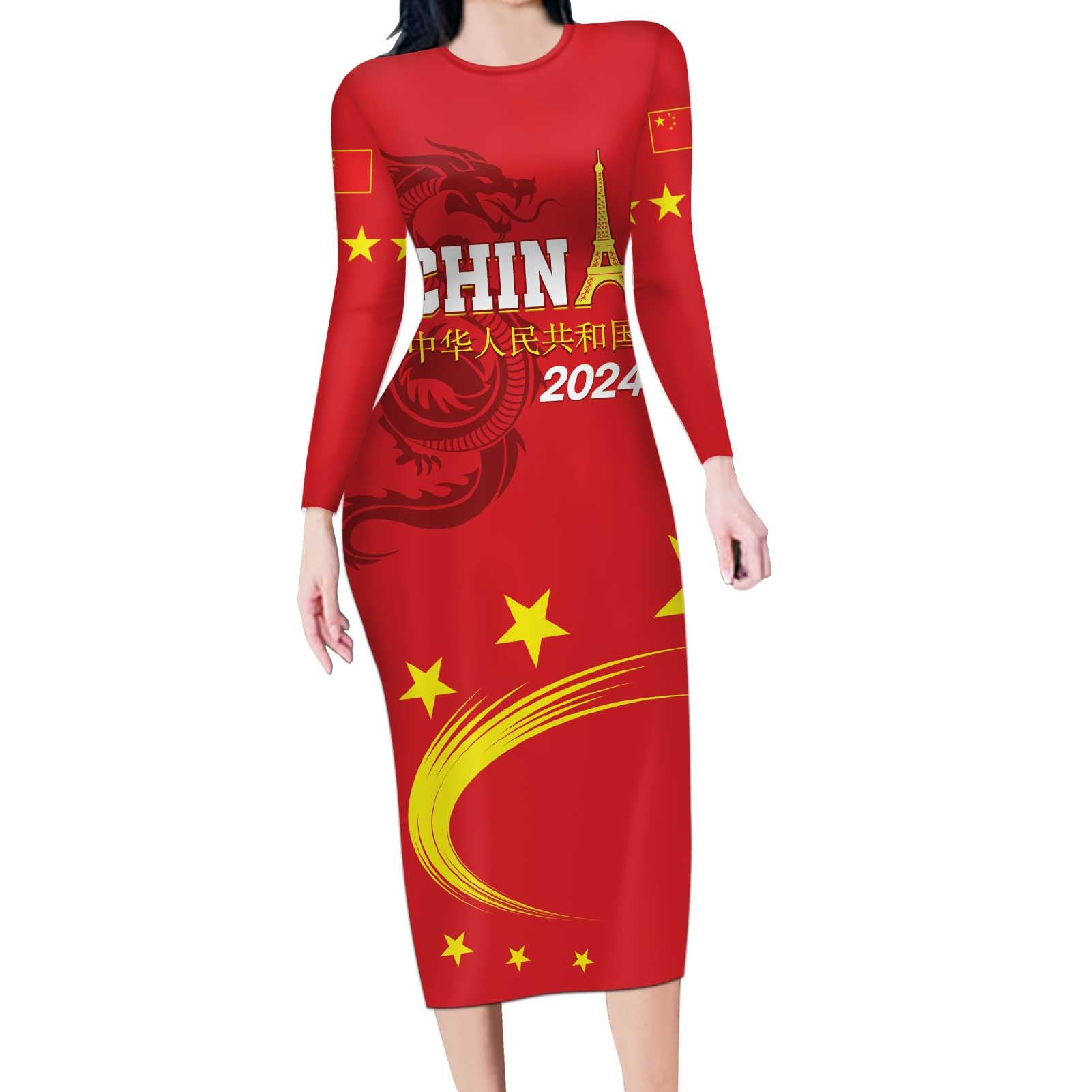 Custom China 2024 Long Sleeve Bodycon Dress Chinese Dragon Yellow Star - Wonder Print Shop