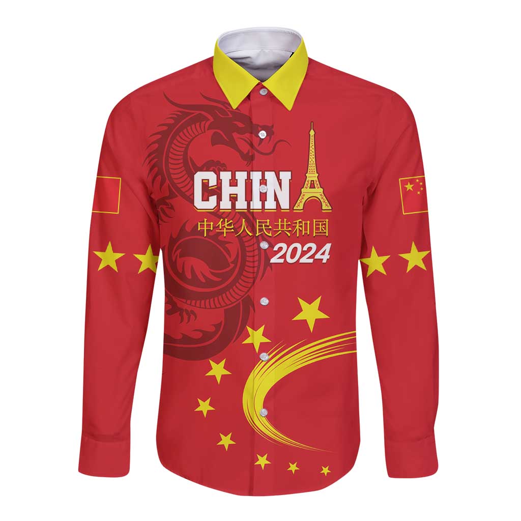 Red long-sleeve button shirt with yellow stand collar, dragon and star front print