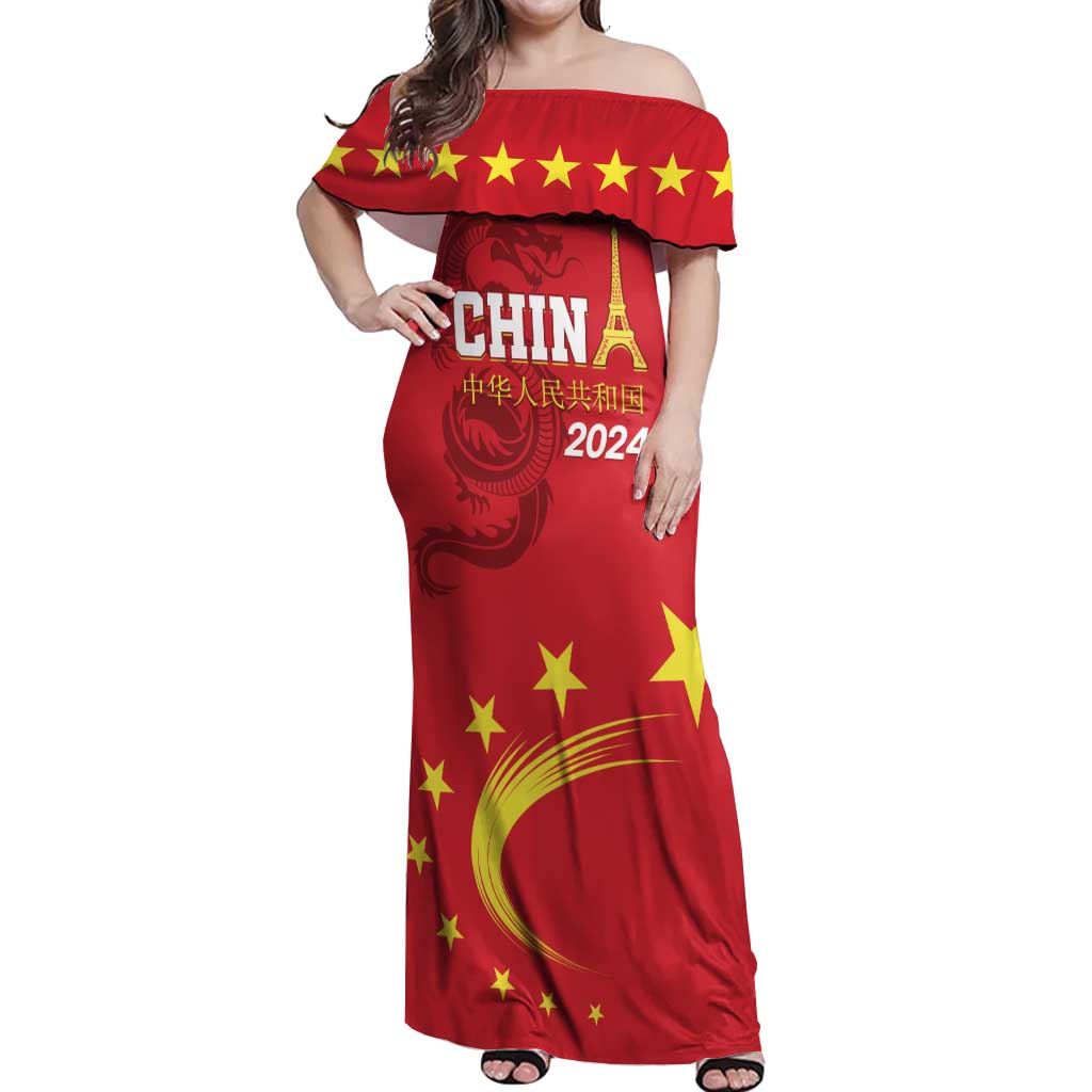 Custom China 2024 Off Shoulder Maxi Dress Chinese Dragon Yellow Star - Wonder Print Shop