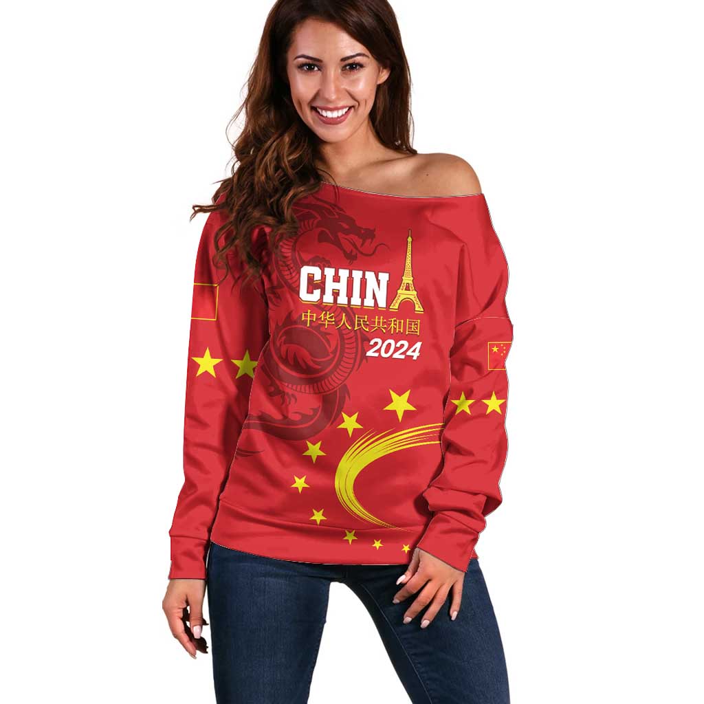 Custom China 2024 Off Shoulder Sweater Chinese Dragon Yellow Star - Wonder Print Shop