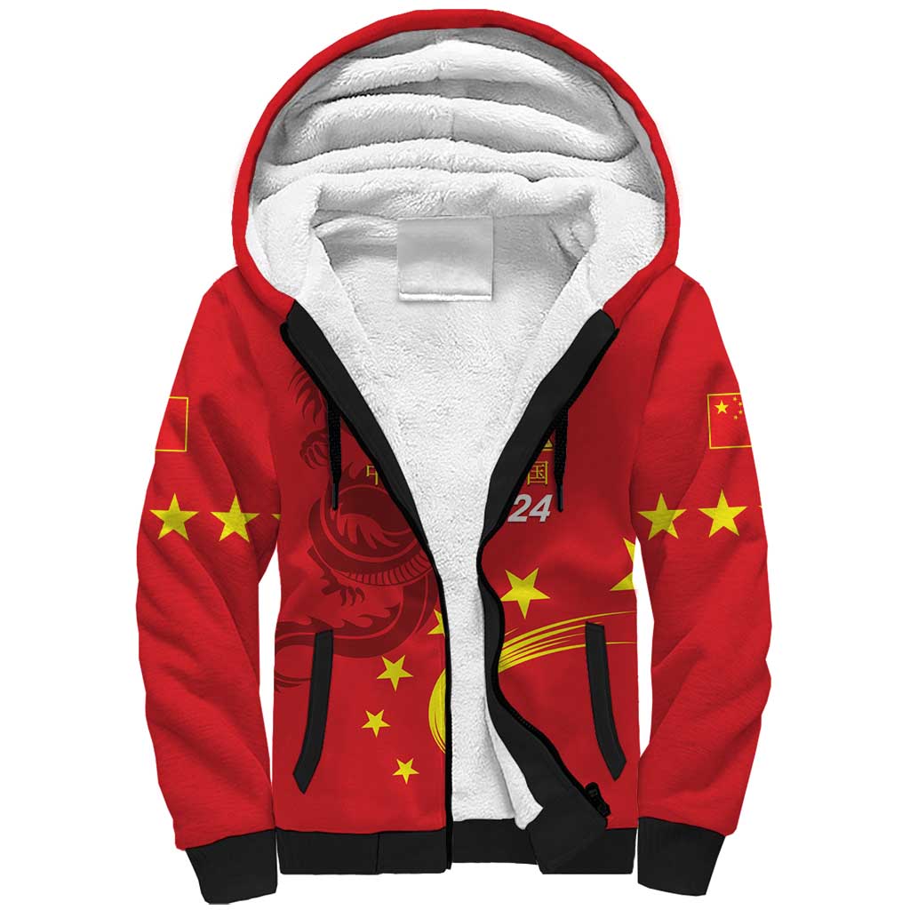 Custom China 2024 Sherpa Hoodie Chinese Dragon Yellow Star - Wonder Print Shop