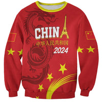 Unisex red sweatshirt with dragon and CHINA 2024 front print, yellow trim and stars