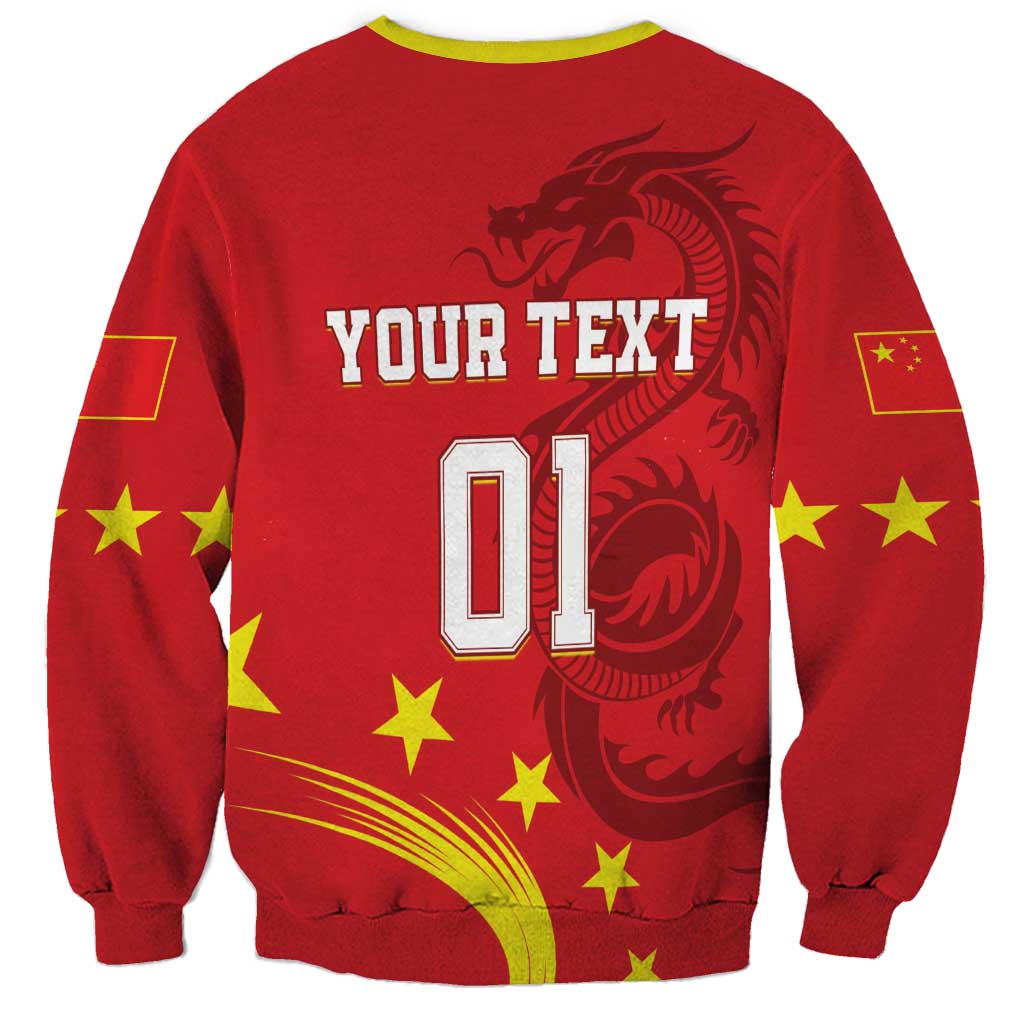 Unisex red sweatshirt with dragon and YOUR TEXT 01 back print, yellow trim and stars