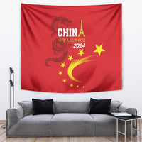 Red wall tapestry with dragon motif, CHINA 2024 text, gold stars and crescent pattern