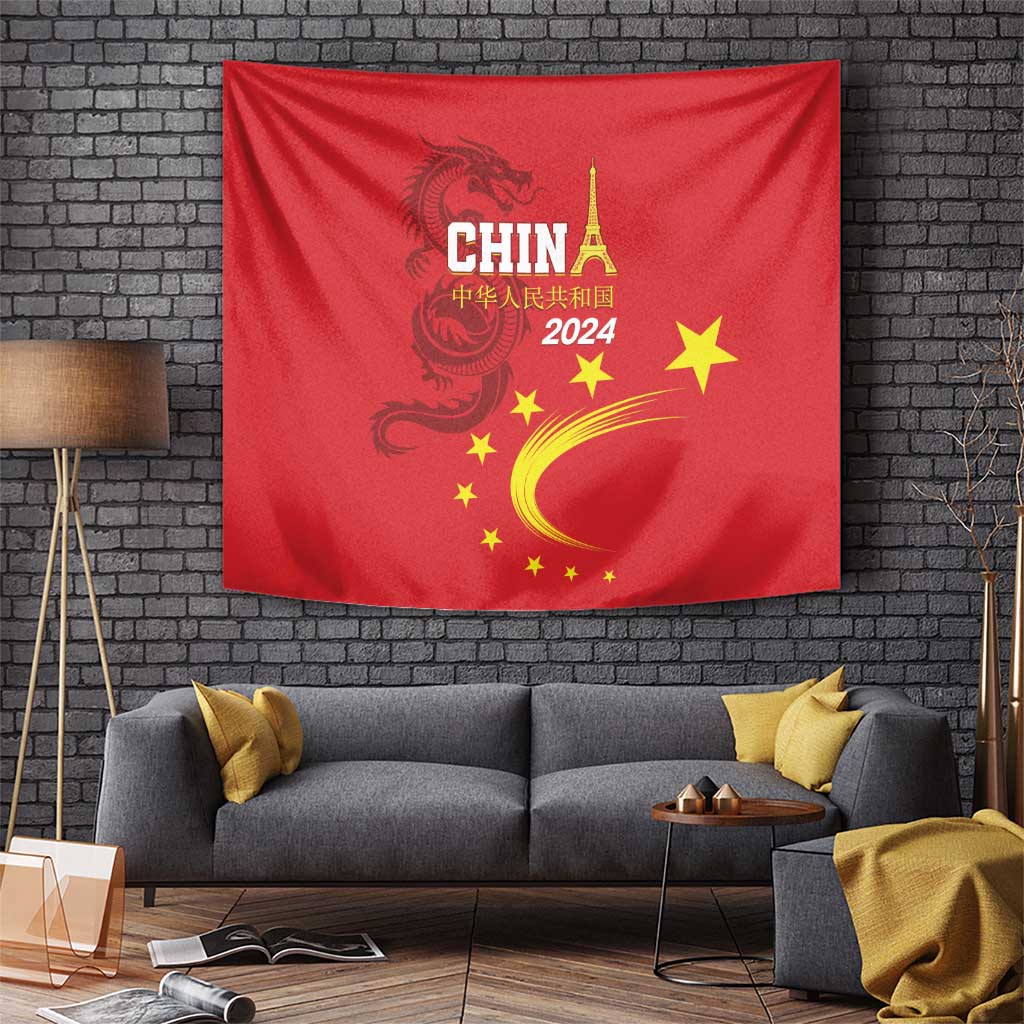 Red tapestry wall hanging with dragon, CHINA 2024 text, stars and crescent moon