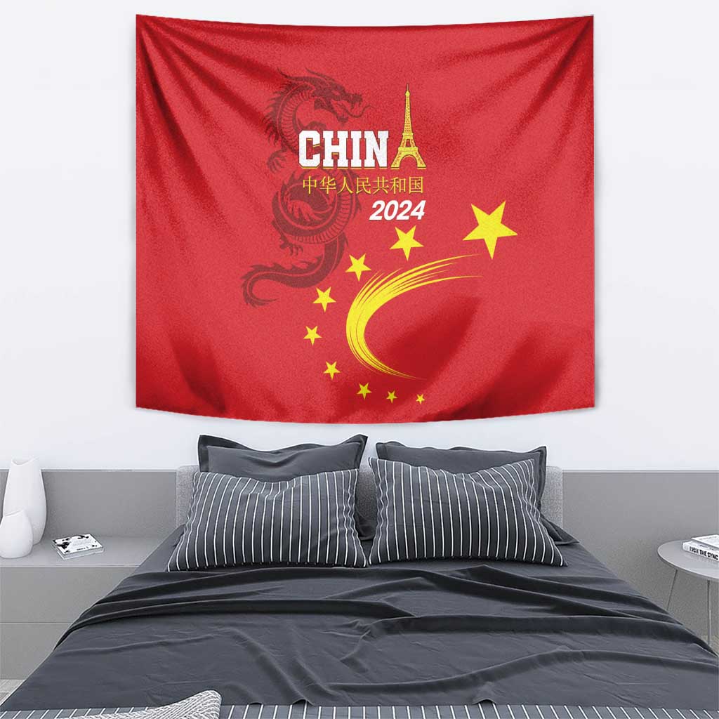 Red wall tapestry with dragon emblem, CHINA 2024 lettering, gold stars and crescent