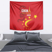 Red wall tapestry with dragon emblem, CHINA 2024 lettering, gold stars and crescent