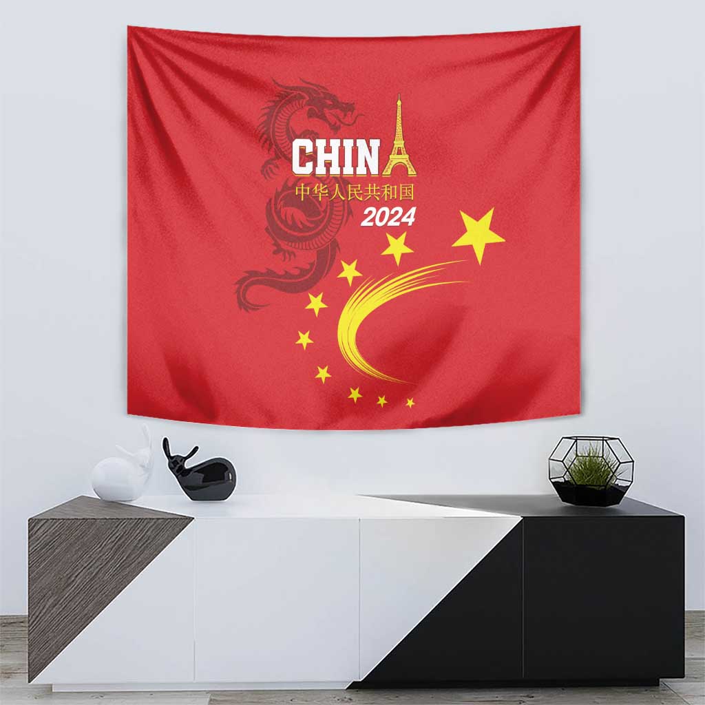 Red tapestry wall hanging featuring dragon, CHINA 2024 text, stars and crescent design