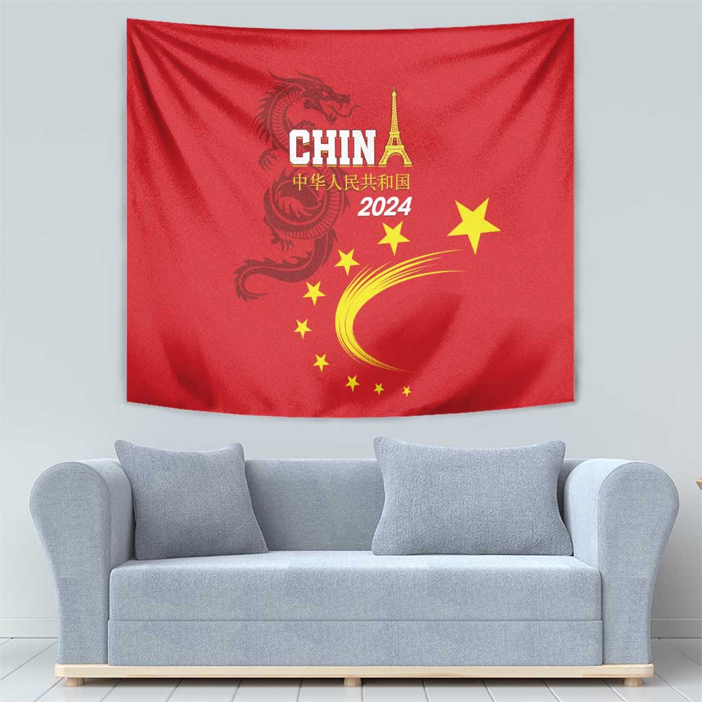 Red tapestry with dragon crest, CHINA 2024 wording, and gold stars around a crescent