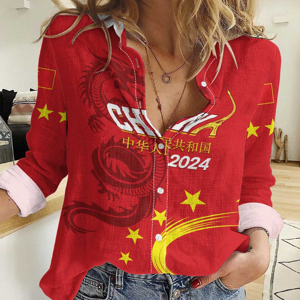 Custom China 2024 Women Casual Shirt Chinese Dragon Yellow Star - Wonder Print Shop