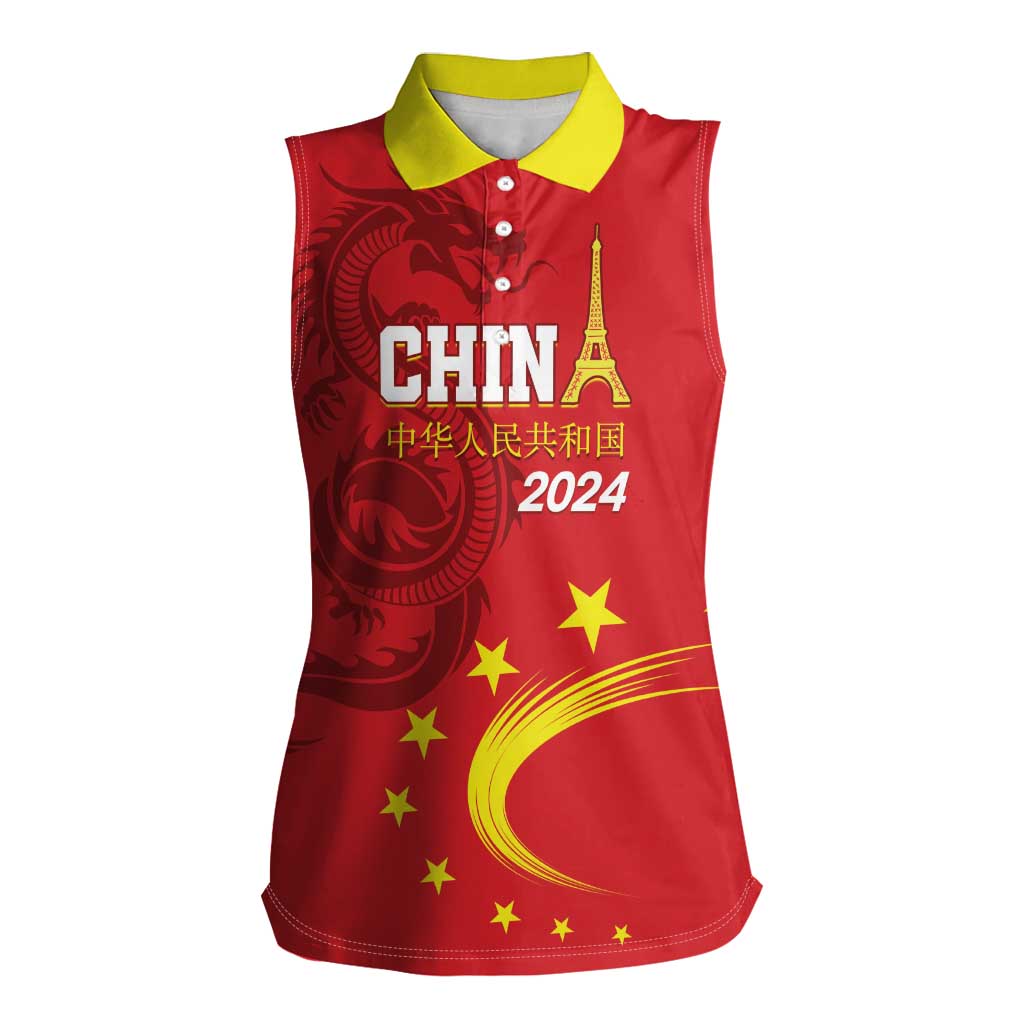 Custom China 2024 Women Sleeveless Polo Shirt Chinese Dragon Yellow Star - Wonder Print Shop