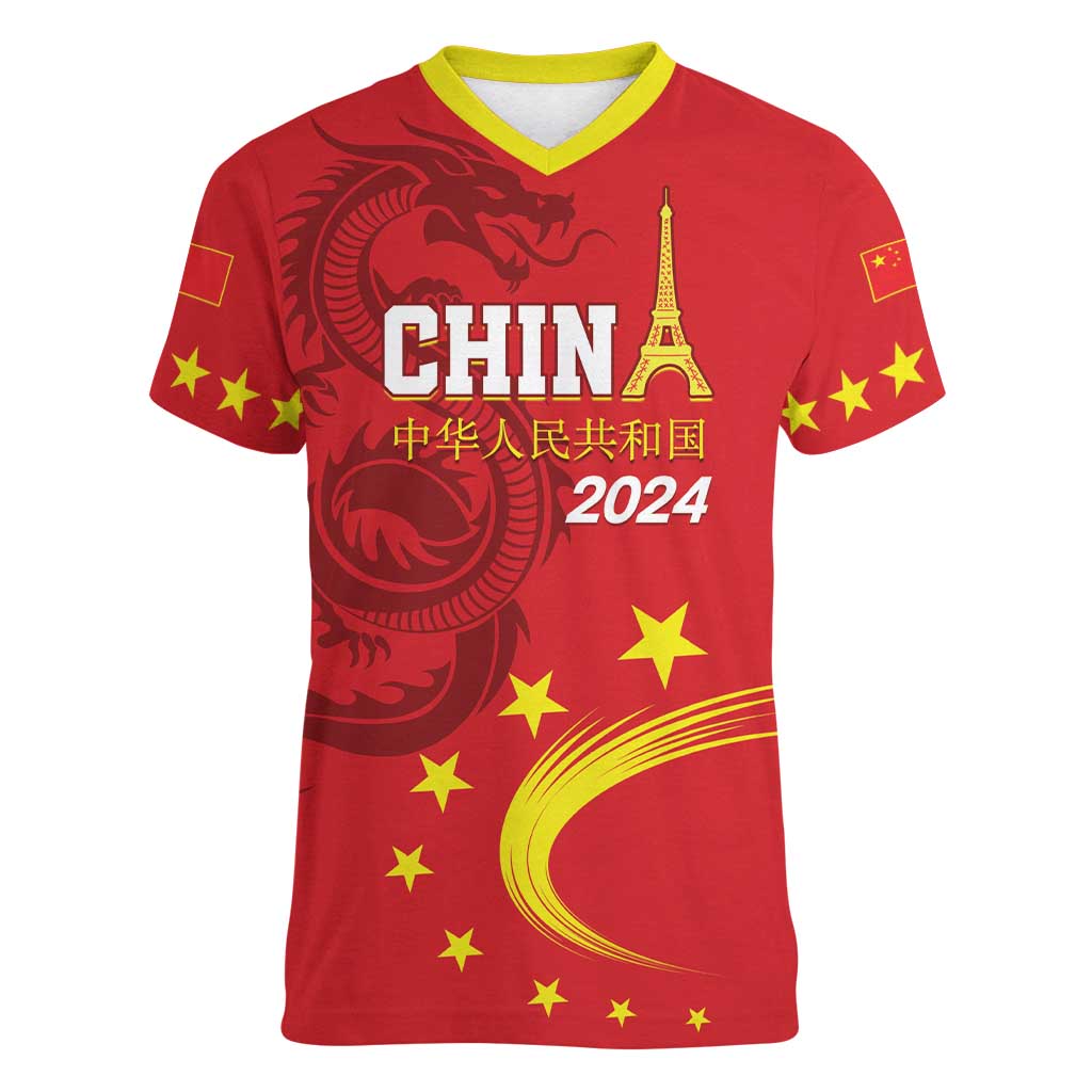 Custom China 2024 Women V-Neck T-Shirt Chinese Dragon Yellow Star - Wonder Print Shop