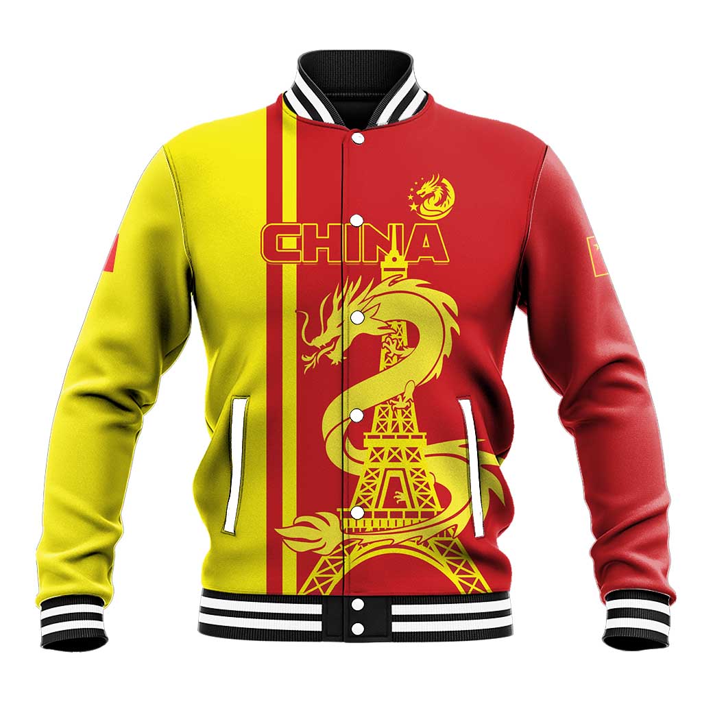 Red and yellow baseball jacket with dragon and Eiffel graphic, front buttoned with striped ribbing