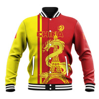Red and yellow baseball jacket with dragon and Eiffel graphic, front buttoned with striped ribbing