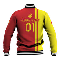 Red and yellow baseball jacket back with dragon graphic, 'YOUR TEXT' and '01', striped ribbing