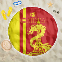 Fringed round beach blanket with red/yellow China flag, golden dragon and Eiffel Tower