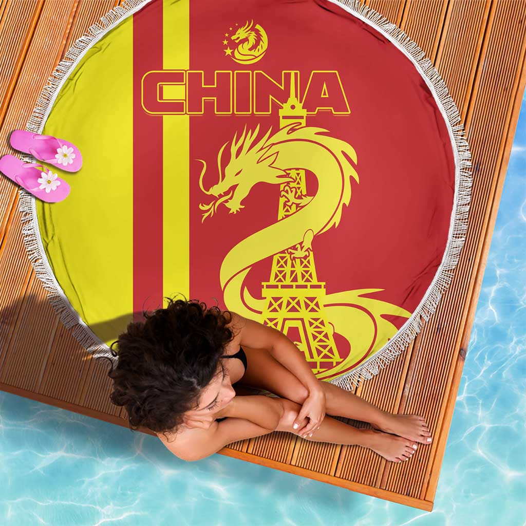 Fringed round beach blanket with 'CHINA', red/yellow flag, golden dragon and Eiffel Tower