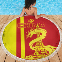 Fringed round beach blanket with 'CHINA' text, golden dragon and Eiffel Tower on flag