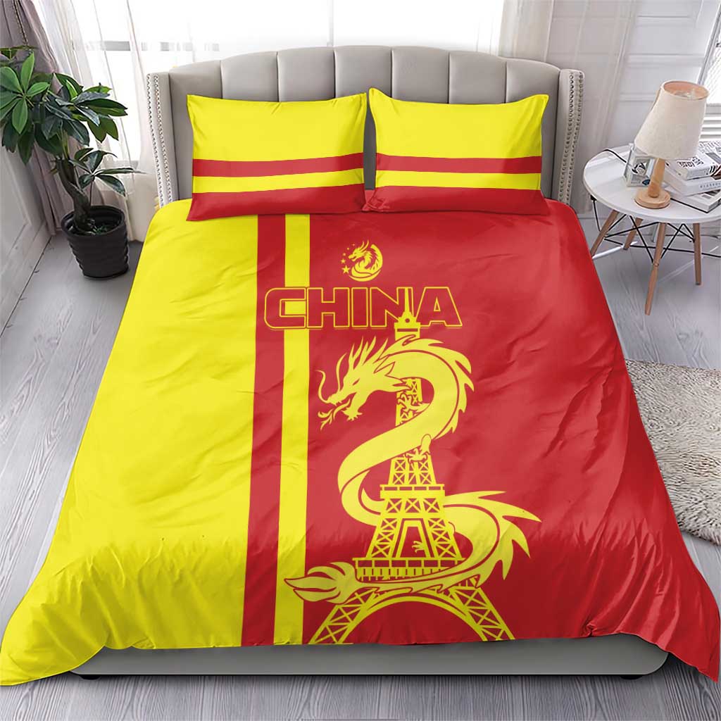 Red and yellow bedding set with CHINA text, dragon, and Eiffel Tower graphic