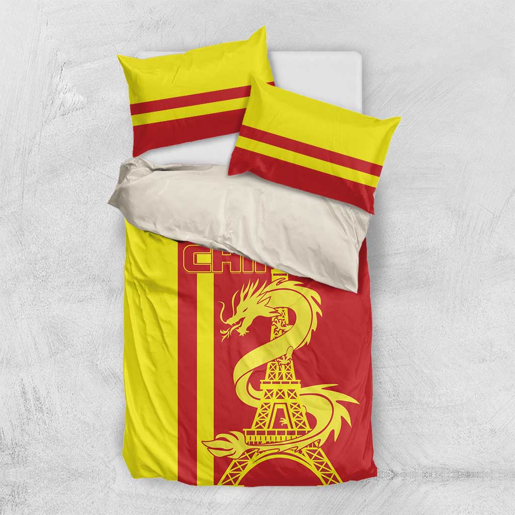 Red and yellow bedding set, duvet and two pillows with CHINA dragon and Eiffel Tower art