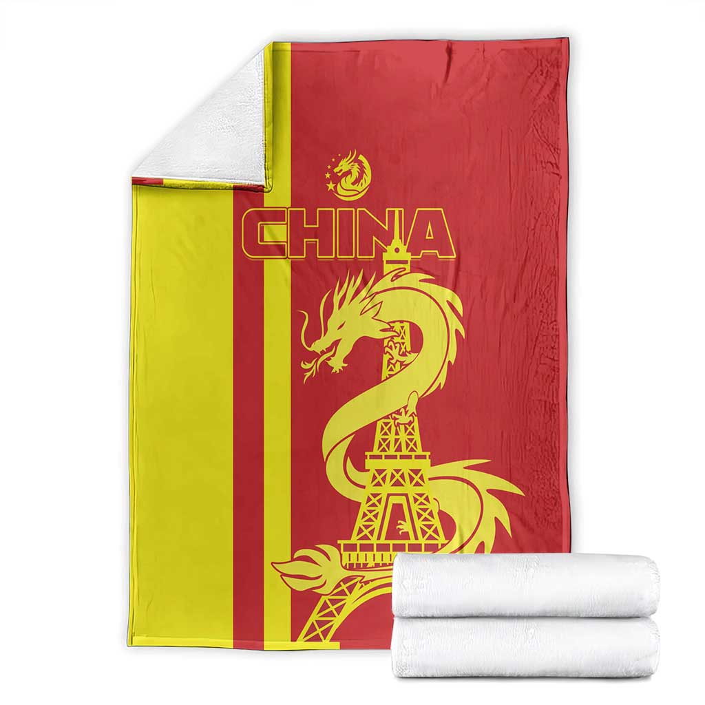Folded China blanket set, red-yellow stripes and gold dragon with Eiffel Tower design